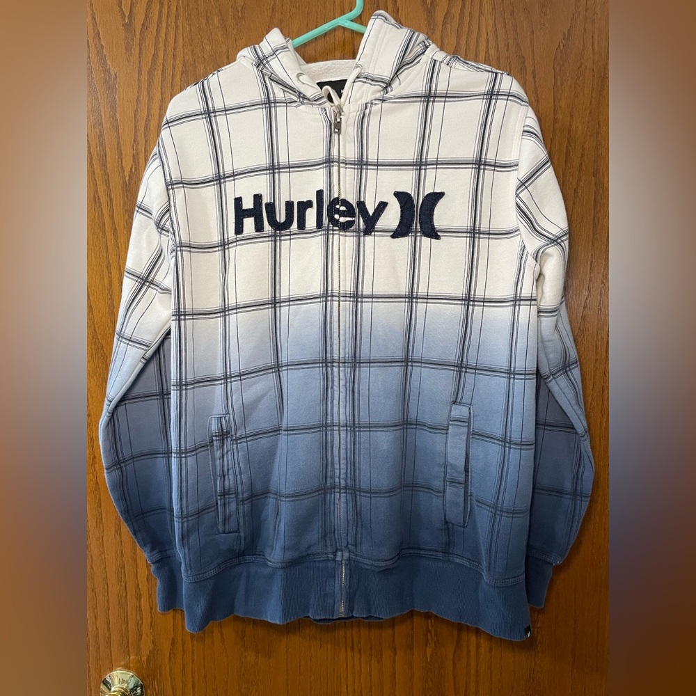 Vintage Hurley Men’s M Blue White Gradient Plaid Zip Hoodie Surf Skate Logo Y2K